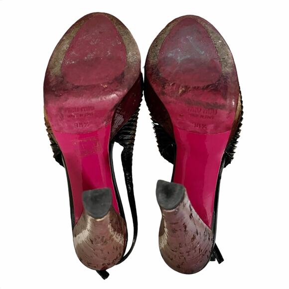 MIU MIU Black Patent Leather Sandals Peep Toe Sling Back Platforms Italy 38.5 - Picture 14 of 16